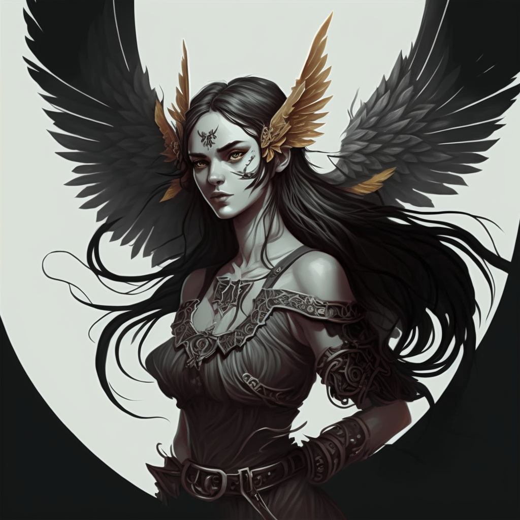 Sirin girl with wings, lute in hand, traveler character, fantasy style, DND style, medieval