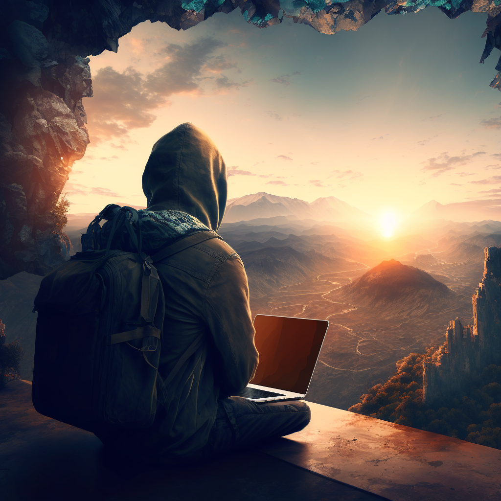 مردی که در بالکنی با منظره ای از کوه های ویرانه و غروب خورشید، با لپ تاپ کار می کند