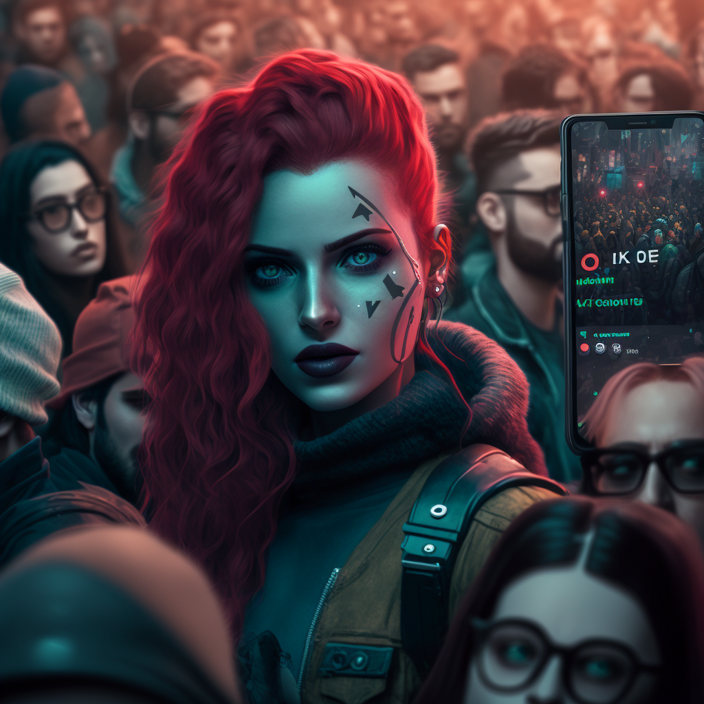 TikTok app, cyberpunk character, collective universe, people in the background