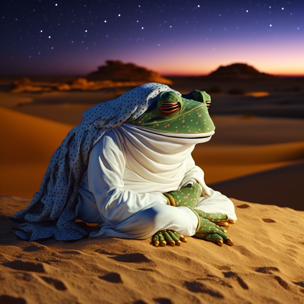 frog wearing a sheikh's outfit and turban, dreaming of dollars in the desert