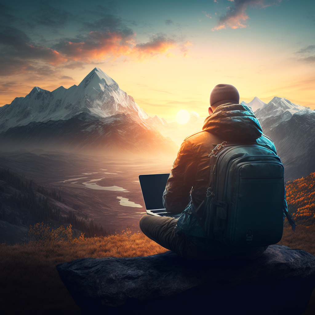 man working on a laptop overlooking a mountain wilderness and sunset background