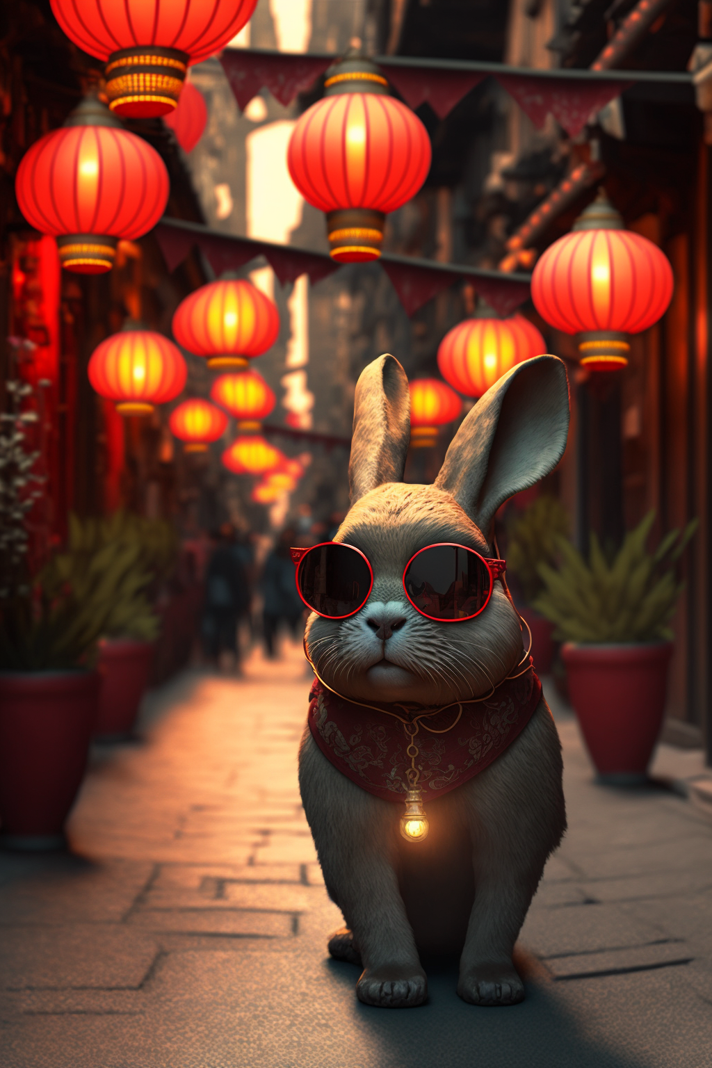 خرگوش با عینک آفتابی بزرگ در کوچه‌ای پر از چراغ‌های قرمز چینی