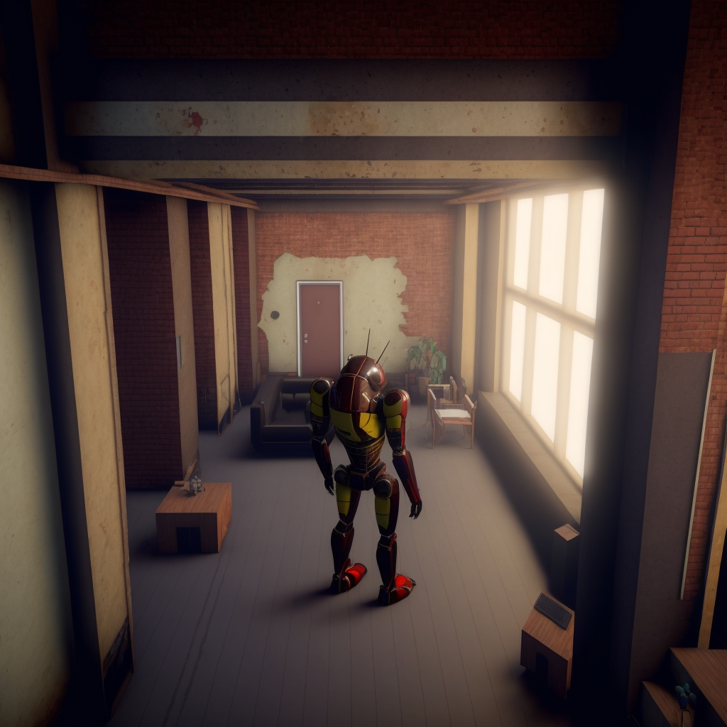 android standing in a modern apartment in a Soviet brick five-storey building located on the space station