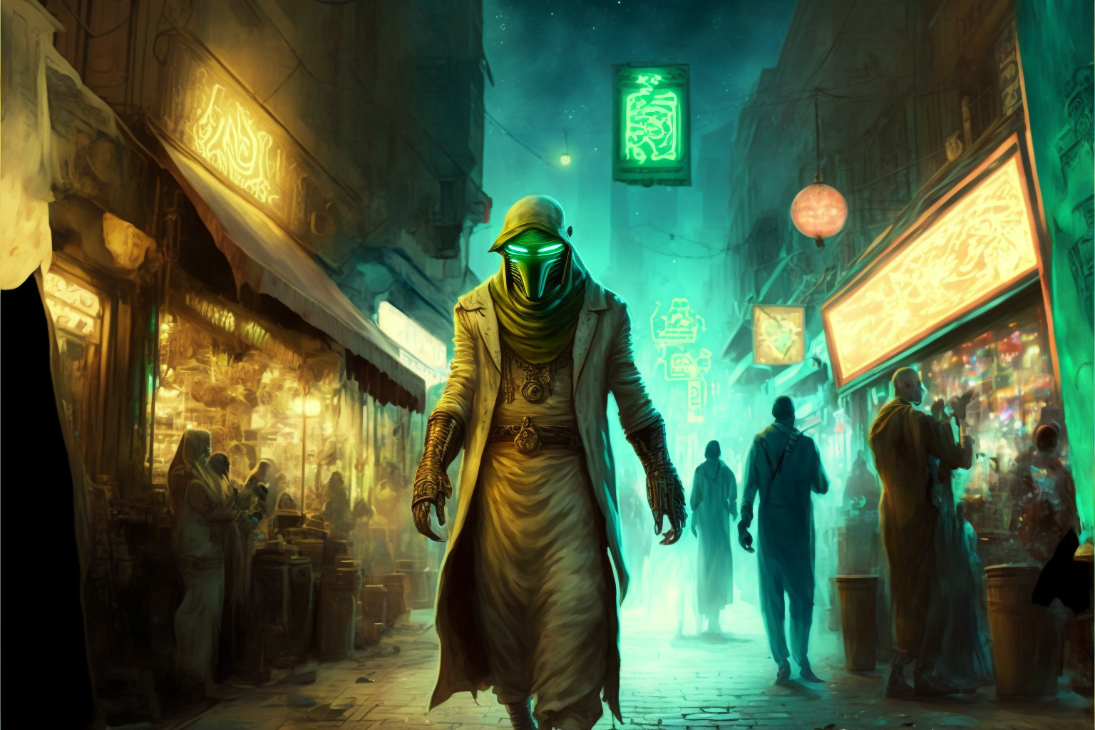 android, Osiris, Egypt souq, futuristic cyberpunk style