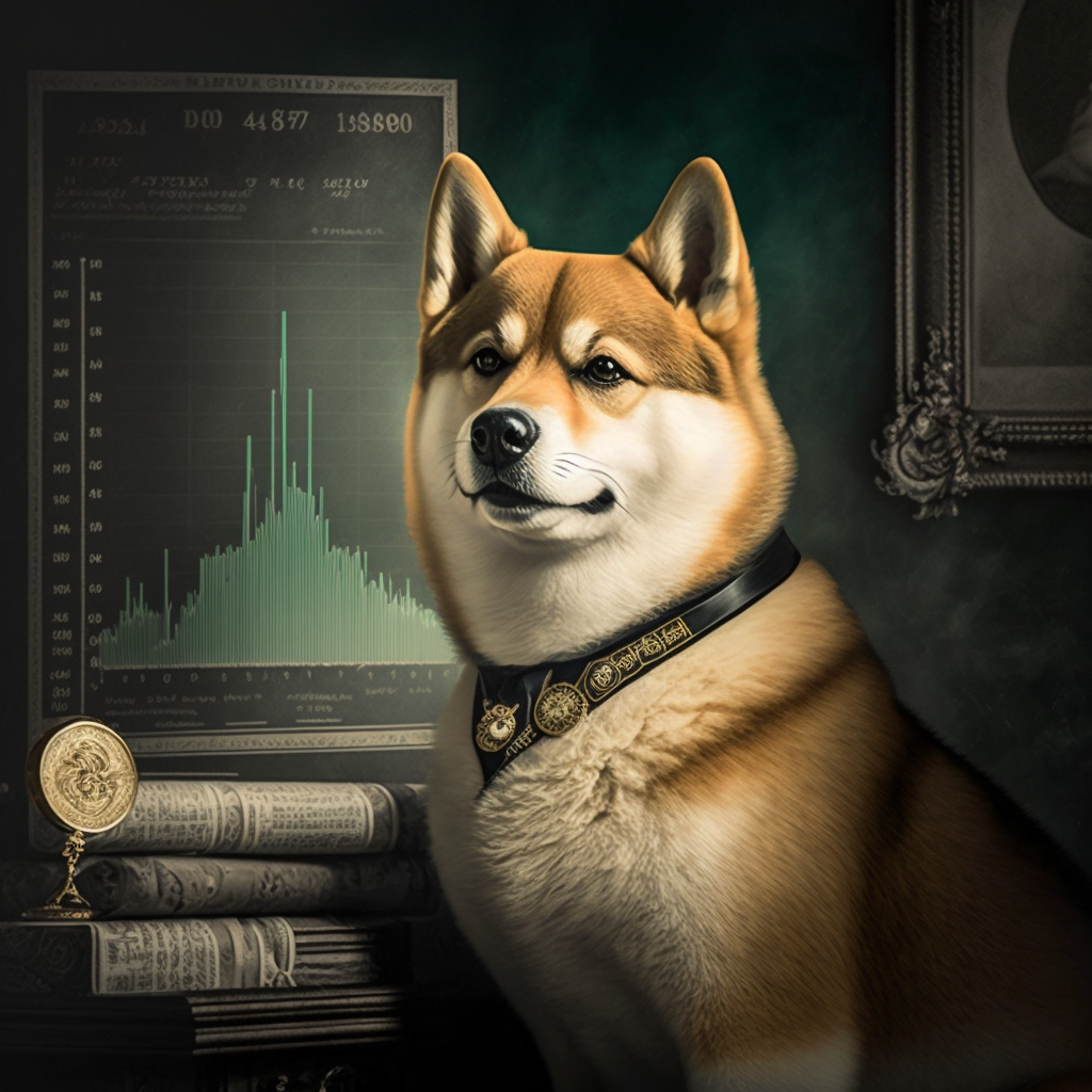 سگ شیبا ویکتوریایی با نمایشگری که یک نمودار با صعود تند قیمت ارزهای رمزنگاری شده را نشان می دهد
