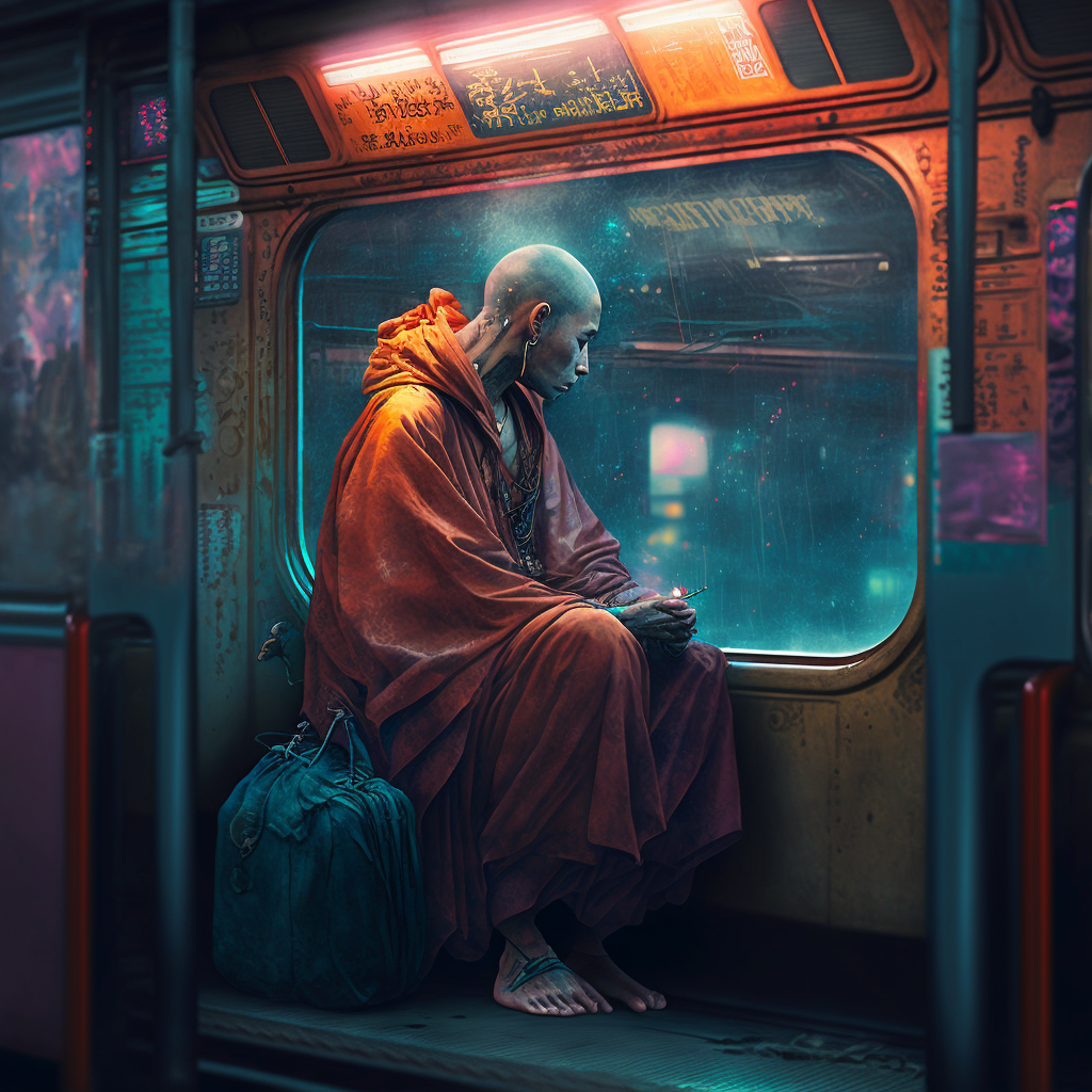 یک مرد بودایی داخل قطار نشسته است و مردم به او نگاه می‌کنند