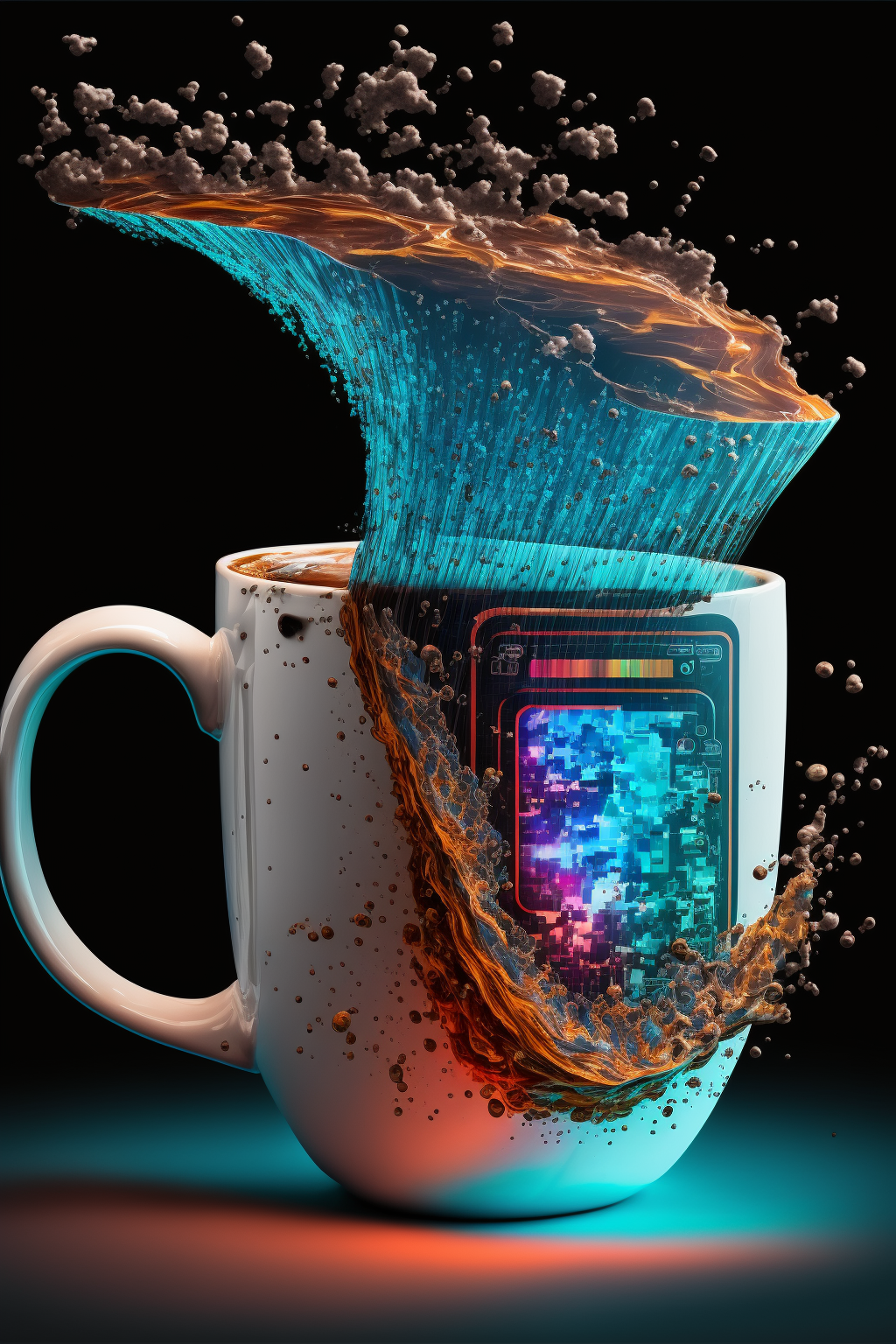 Coffee mug, bitcoin, futuristic, cyberpunk