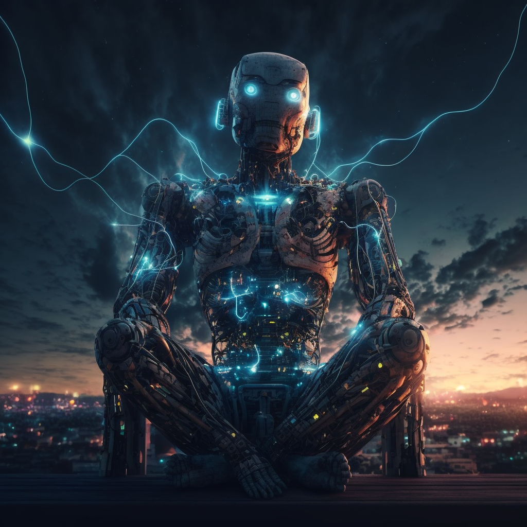 android/robot meditating under the night sky