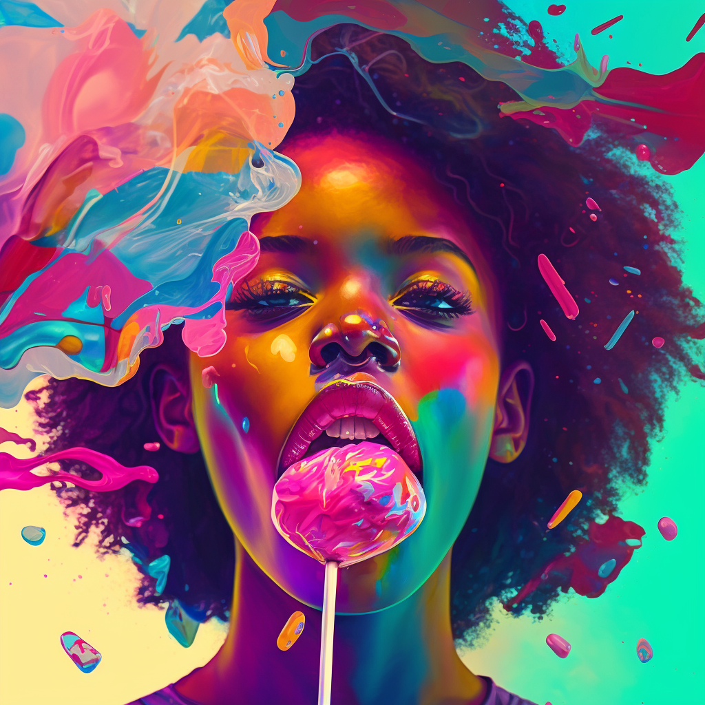 a beautiful vixen black woman with her tongue out near a  Lollipop ، Vaporwave ، Arbon Art 
