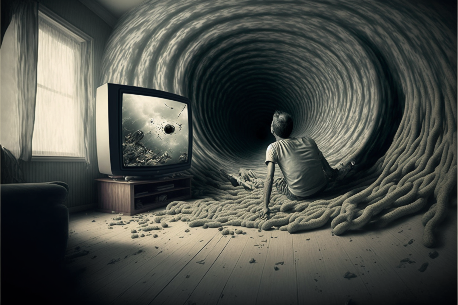 a man falling in his tv, head first, the tv screen is a hypnotisis spiral